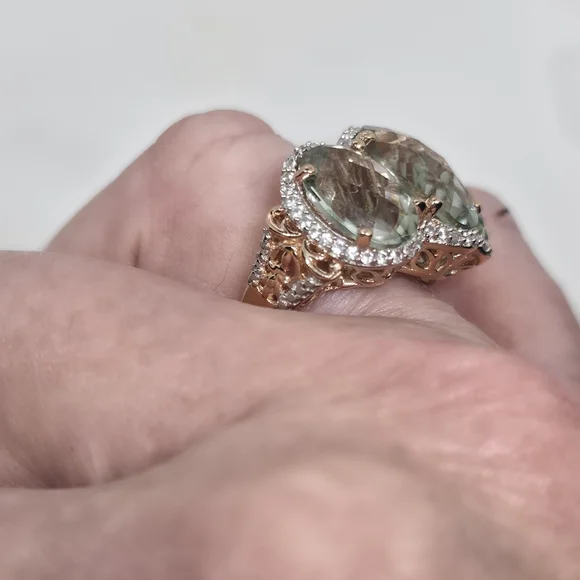 NWOT! Designer 3 Stone Prasiolite (Green Amethyst) Vermeil Rose Gold &925  Ring - Picture 8 of 10